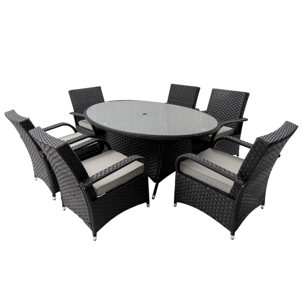 Aura 6 Seater Armchair Oval Rattan Garden Furniture Dining Set with Parasol Hole and Rain Cover