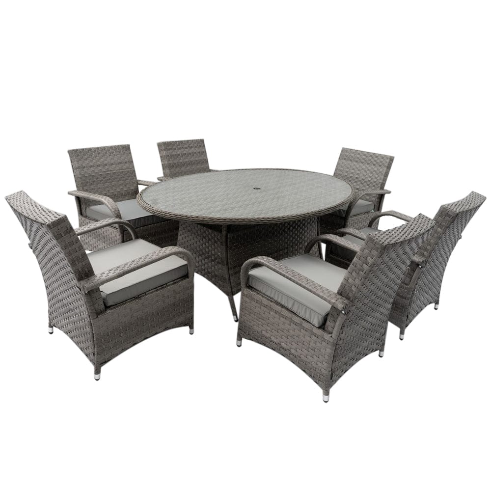 Aura 6 Seater Armchair Oval Rattan Garden Furniture Dining Set with Parasol Hole and Rain Cover