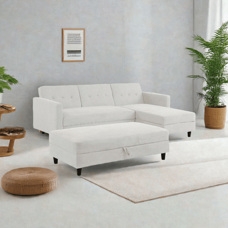 Avery Reversible White Corduroy Corner Sofa With Storage Chaise and Ottoman Bench