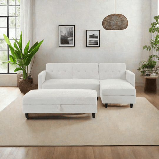 Avery Reversible White Corduroy Corner Sofa With Storage Chaise and Ottoman Bench