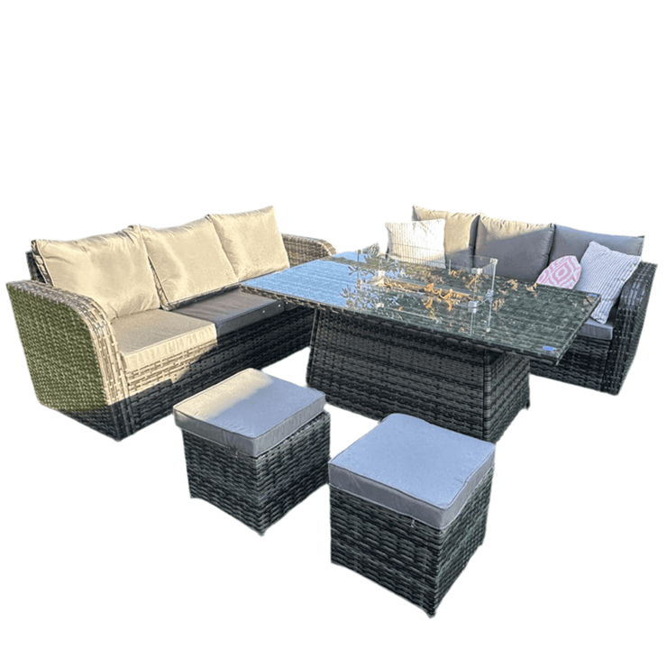 Lotus Outdoor 8 Seater Rattan Garden Sofa with Fire Pit Or Lift Up Table Set
