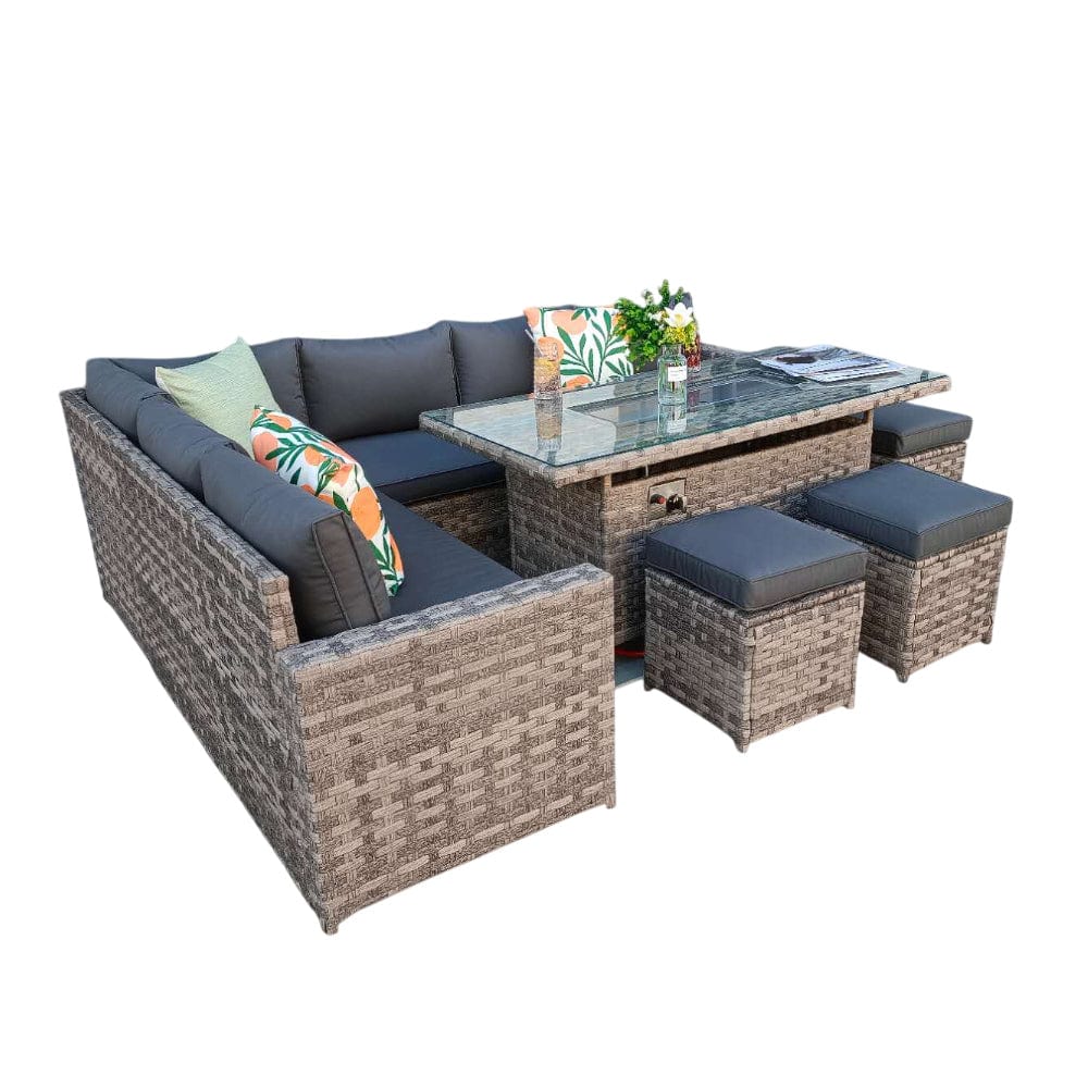 Barcelona Rattan Garden 9 Seater Fire Pit  Furniture Corner Dining Sofa Set In Grey
