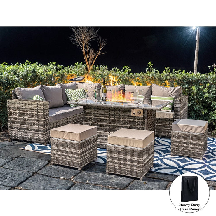 Barcelona Rattan Garden Furniture 9 Seater Corner Sofa Set with Fire pit Dining Table in Black Or Grey