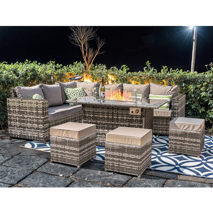 Barcelona Rattan Garden Furniture 9 Seater Corner Sofa Set with Fire pit Dining Table in Black Or Grey