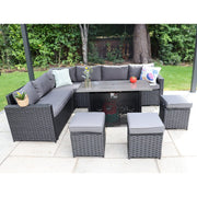 Barcelona Rattan Garden Furniture 9 Seater Corner Sofa Set with Fire pit Dining Table in Black Or Grey