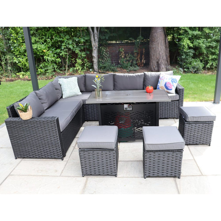 Barcelona Rattan Garden Furniture 9 Seater Corner Sofa Set with Fire pit Dining Table in Black Or Grey