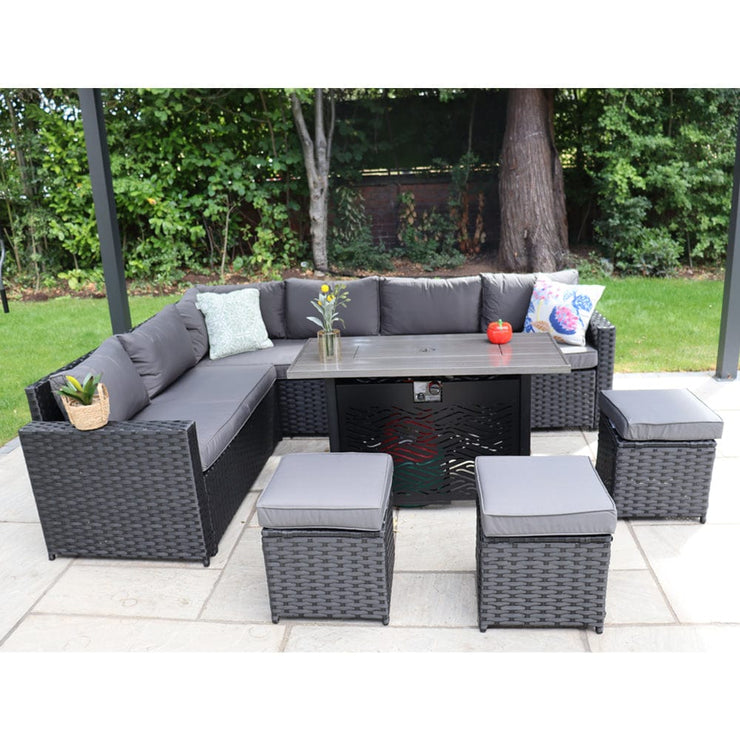 Barcelona Rattan Garden Furniture 9 Seater Corner Sofa Set with Fire pit Dining Table in Black Or Grey