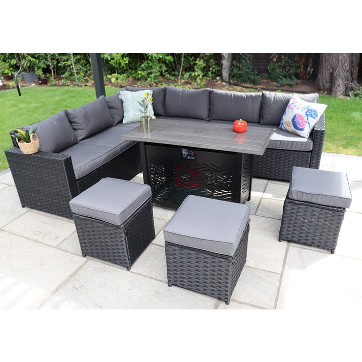 Barcelona Rattan Garden Furniture 9 Seater Corner Sofa Set with Fire pit Dining Table in Black Or Grey