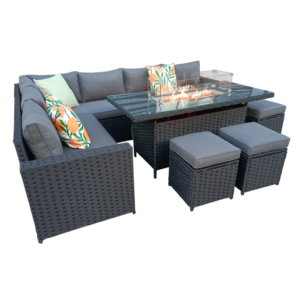 Barcelona Rattan Garden Furniture 9 Seater Corner Sofa Set with Fire pit Dining Table in Black Or Grey
