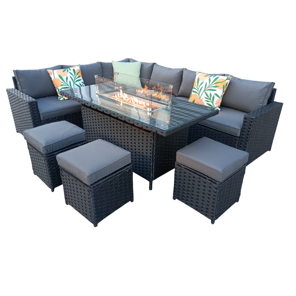 Barcelona Rattan Garden Furniture 9 Seater Corner Sofa Set with Fire pit Dining Table in Black Or Grey