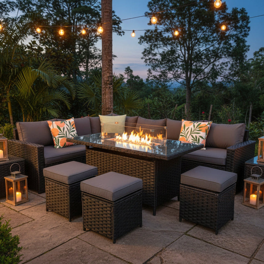 Barcelona Rattan Garden Furniture 9 Seater Corner Sofa Set with Fire pit Dining Table in Black Or Grey
