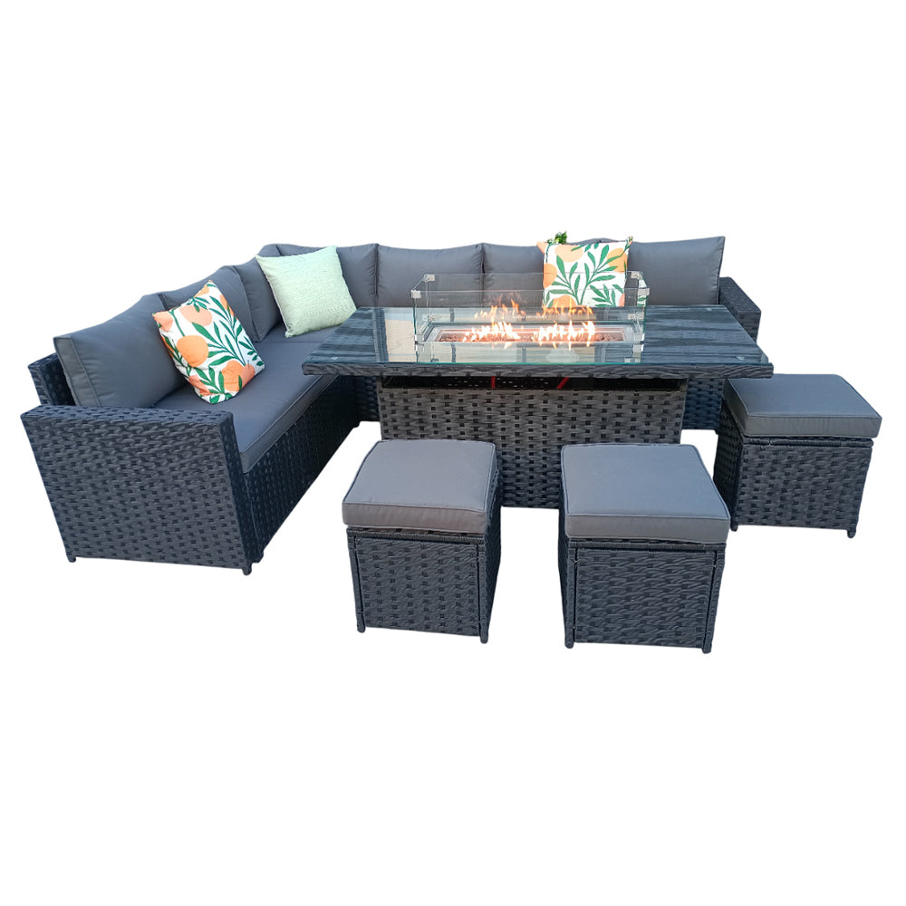 Barcelona Rattan Garden Furniture 9 Seater Corner Sofa Set with Fire pit Dining Table in Black Or Grey