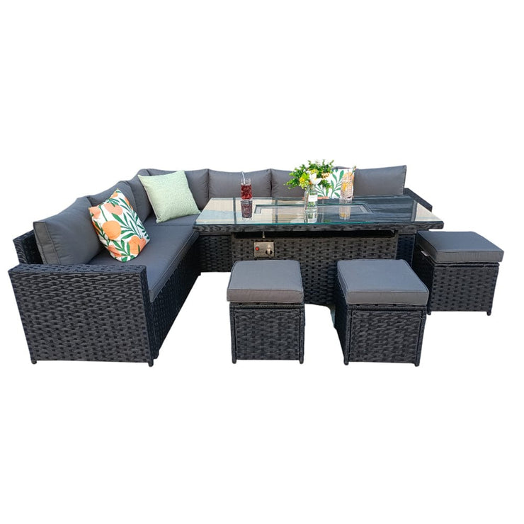 Barcelona Rattan Garden Furniture 9 Seater Corner Sofa Set with Fire pit Dining Table in Black Or Grey