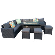 Barcelona Rattan Garden Furniture 9 Seater Corner Sofa Set with Fire pit Dining Table in Black Or Grey