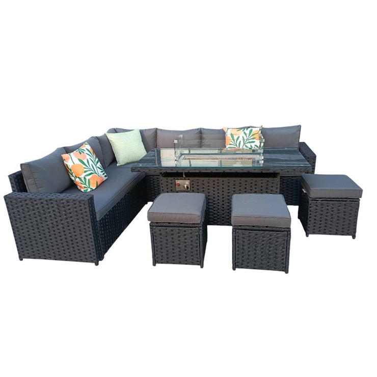 Barcelona Rattan Garden Furniture 9 Seater Corner Sofa Set with Fire pit Dining Table in Black Or Grey