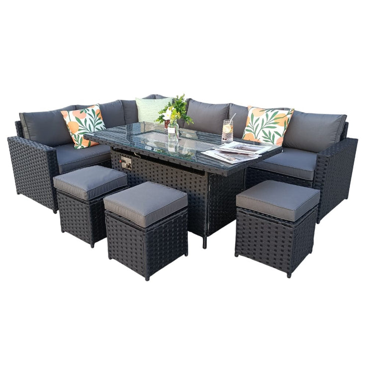 Barcelona Rattan Garden Furniture 9 Seater Corner Sofa Set with Fire pit Dining Table in Black Or Grey