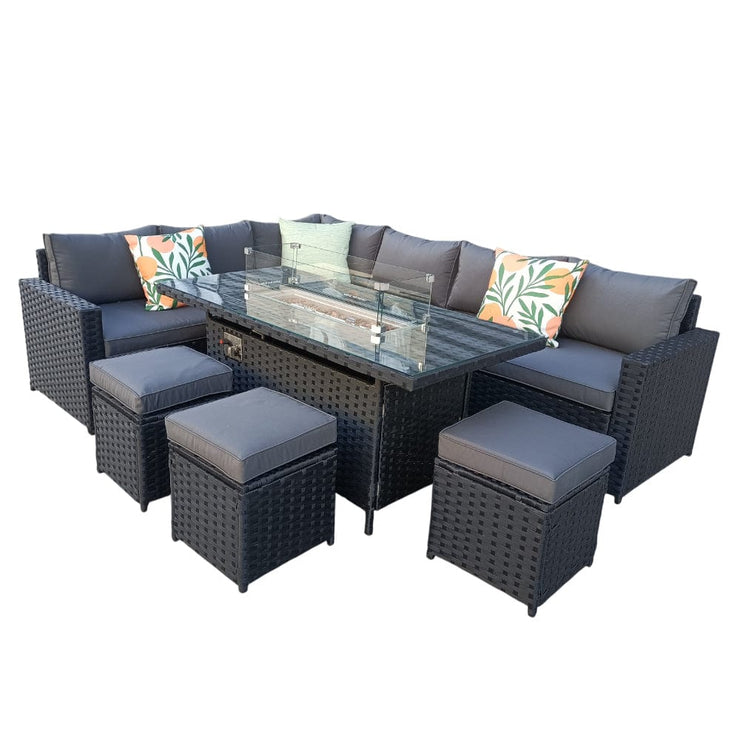 Barcelona Rattan Garden Furniture 9 Seater Corner Sofa Set with Fire pit Dining Table in Black Or Grey
