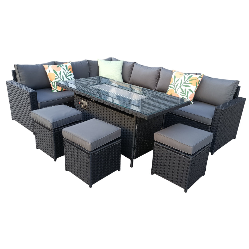 Barcelona Rattan Garden Furniture 9 Seater Corner Sofa Set with Fire pit Dining Table in Black Or Grey