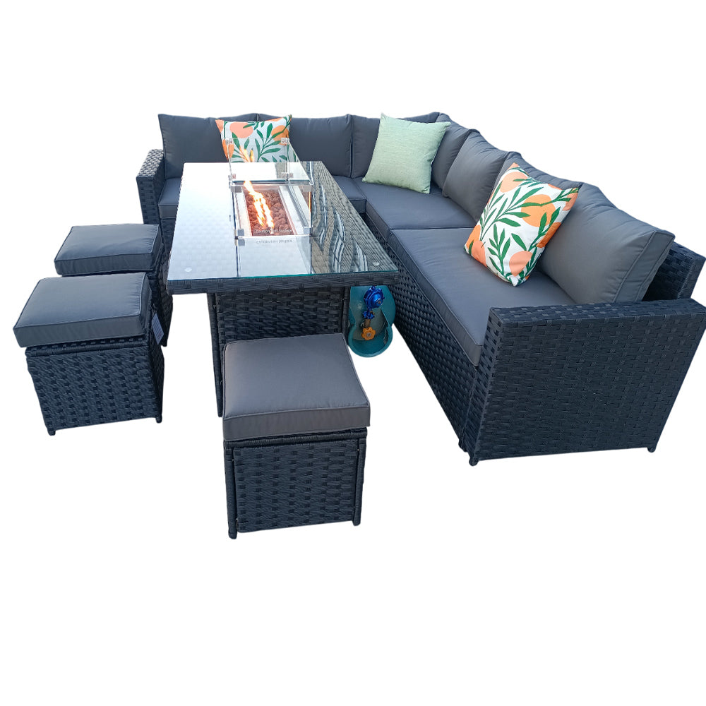 Barcelona Rattan Garden Furniture 9 Seater Corner Sofa Set with Fire pit Dining Table in Black Or Grey