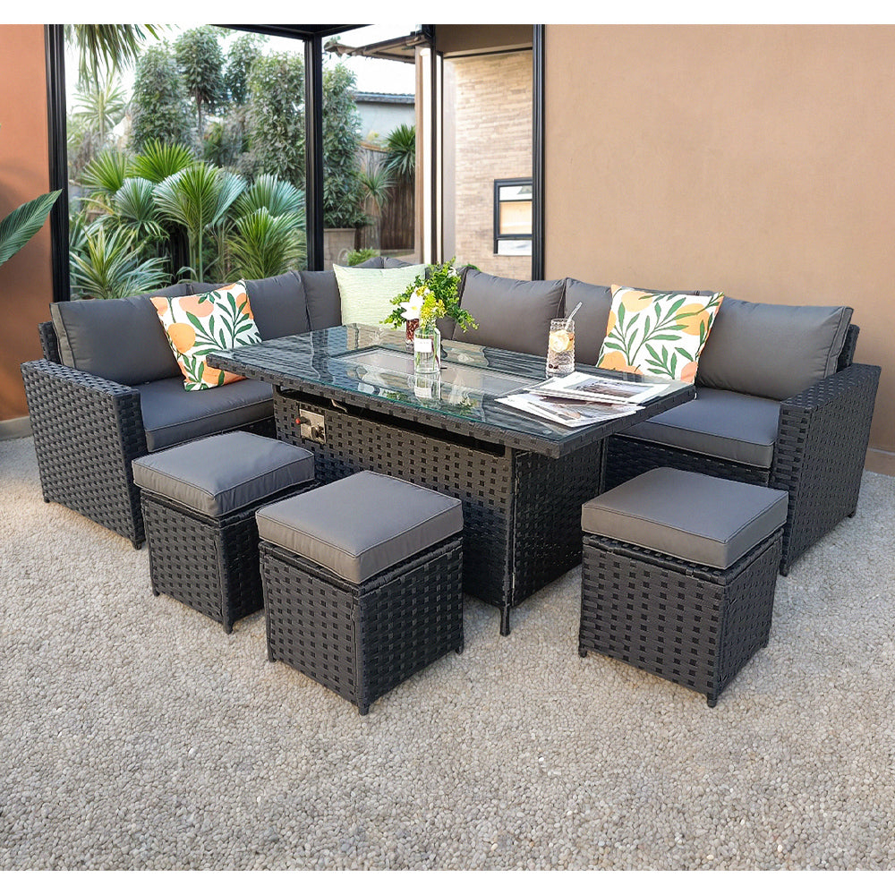 Barcelona Rattan Garden Furniture 9 Seater Corner Sofa Set with Fire pit Dining Table in Black Or Grey