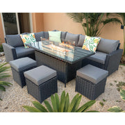 Barcelona Rattan Garden Furniture 9 Seater Corner Sofa Set with Fire pit Dining Table in Black Or Grey