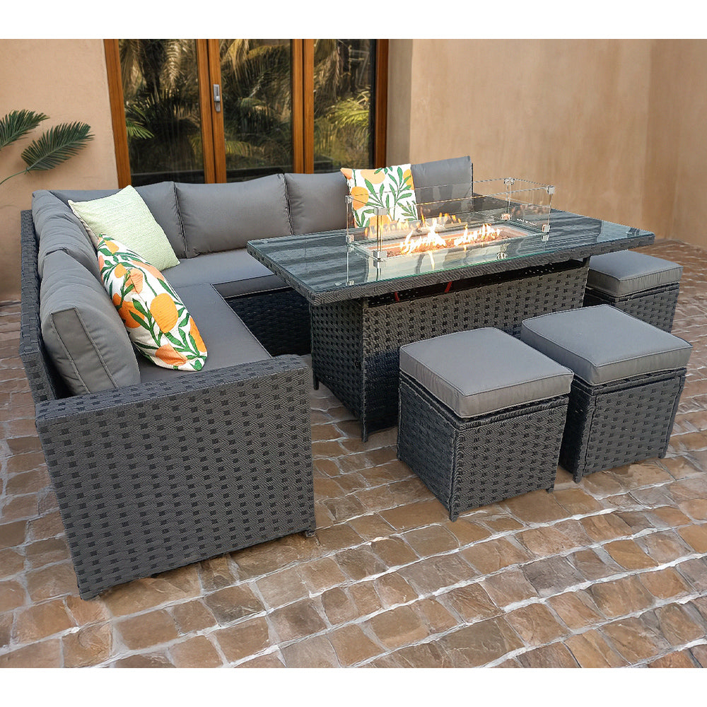 Barcelona Rattan Garden Furniture 9 Seater Corner Sofa Set with Fire pit Dining Table in Black Or Grey