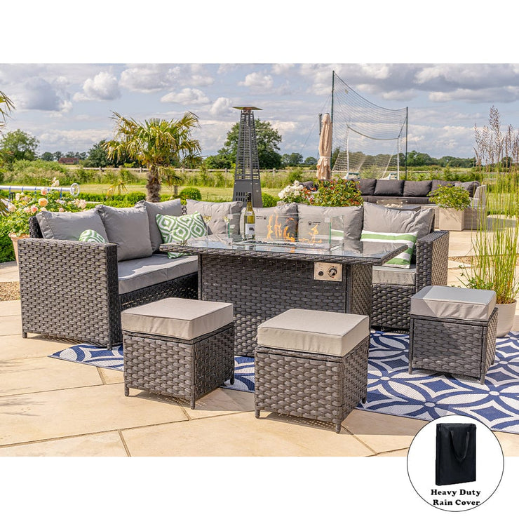 Barcelona Rattan Garden Furniture 9 Seater Corner Sofa Set with Fire pit Dining Table in Black Or Grey