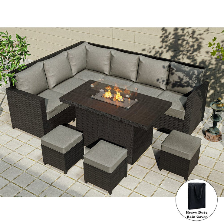 Barcelona Rattan Garden Furniture 9 Seater Corner Sofa Set with Fire pit Dining Table in Black Or Grey