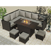 Barcelona Rattan Garden Furniture 9 Seater Corner Sofa Set with Fire pit Dining Table in Black Or Grey