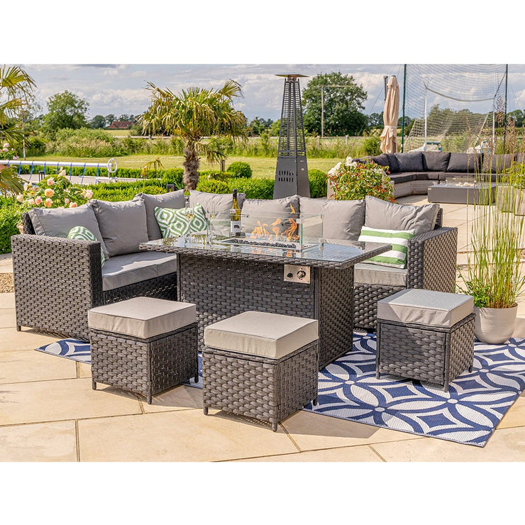 Barcelona Rattan Garden Furniture 9 Seater Corner Sofa Set with Fire pit Dining Table in Black Or Grey