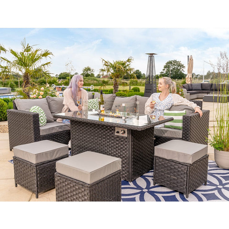 Barcelona Rattan Garden Furniture 9 Seater Corner Sofa Set with Fire pit Dining Table in Black Or Grey