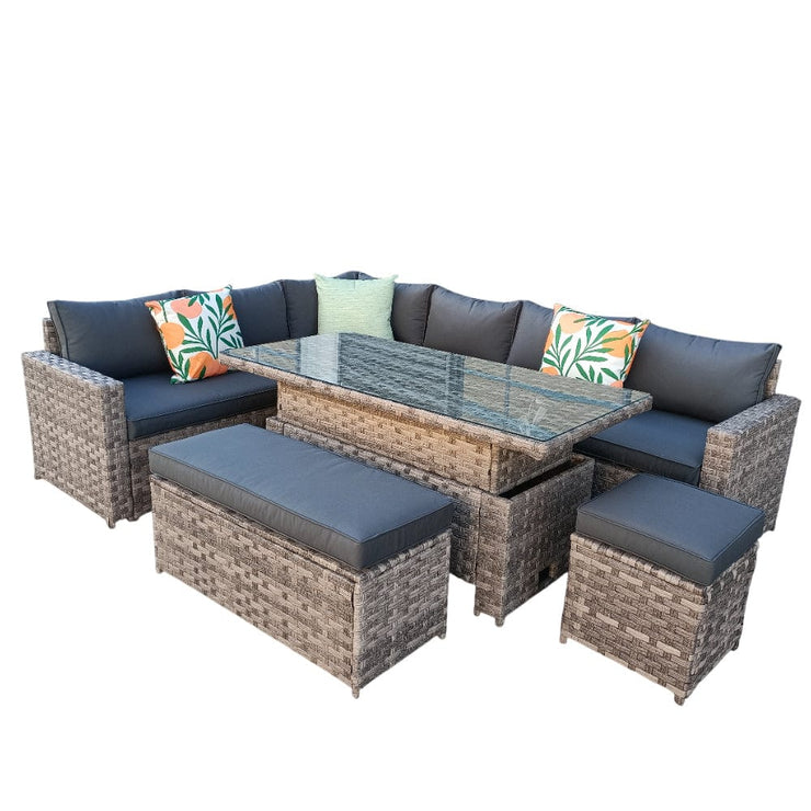 Monaco 9 Seater Rattan Garden Corner Sofa Dining Set with Rising Table