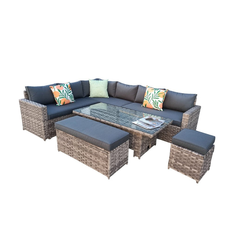 Monaco 9 Seater Rattan Garden Corner Sofa Dining Set with Rising Table