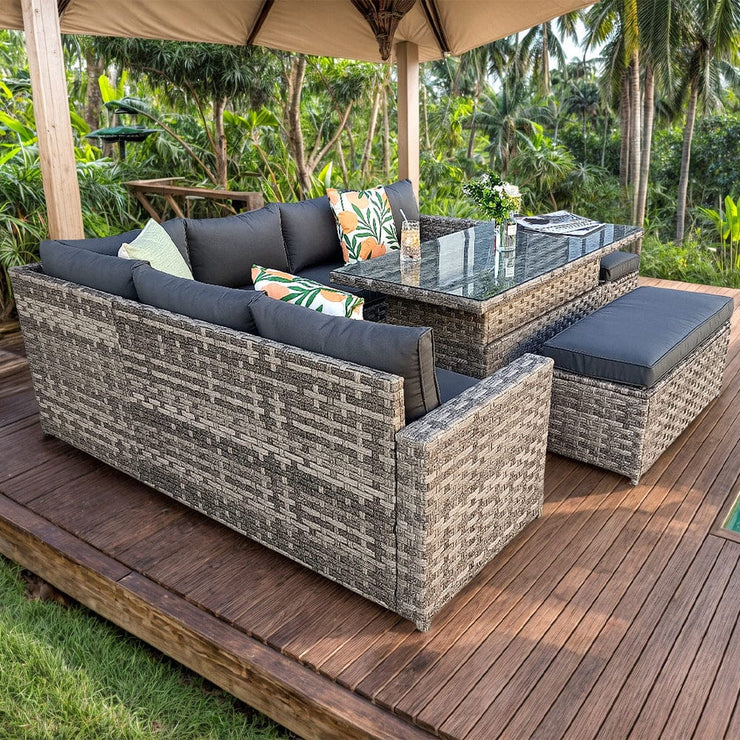 Monaco 9 Seater Rattan Garden Corner Sofa Dining Set with Rising Table