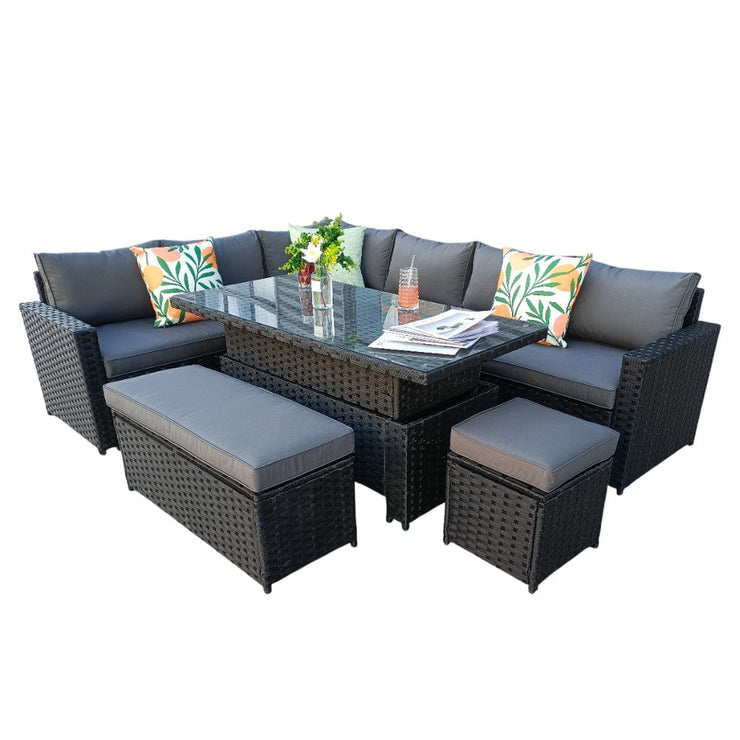 Monaco 9 Seater Rattan Garden Corner Sofa Dining Set with Rising Table