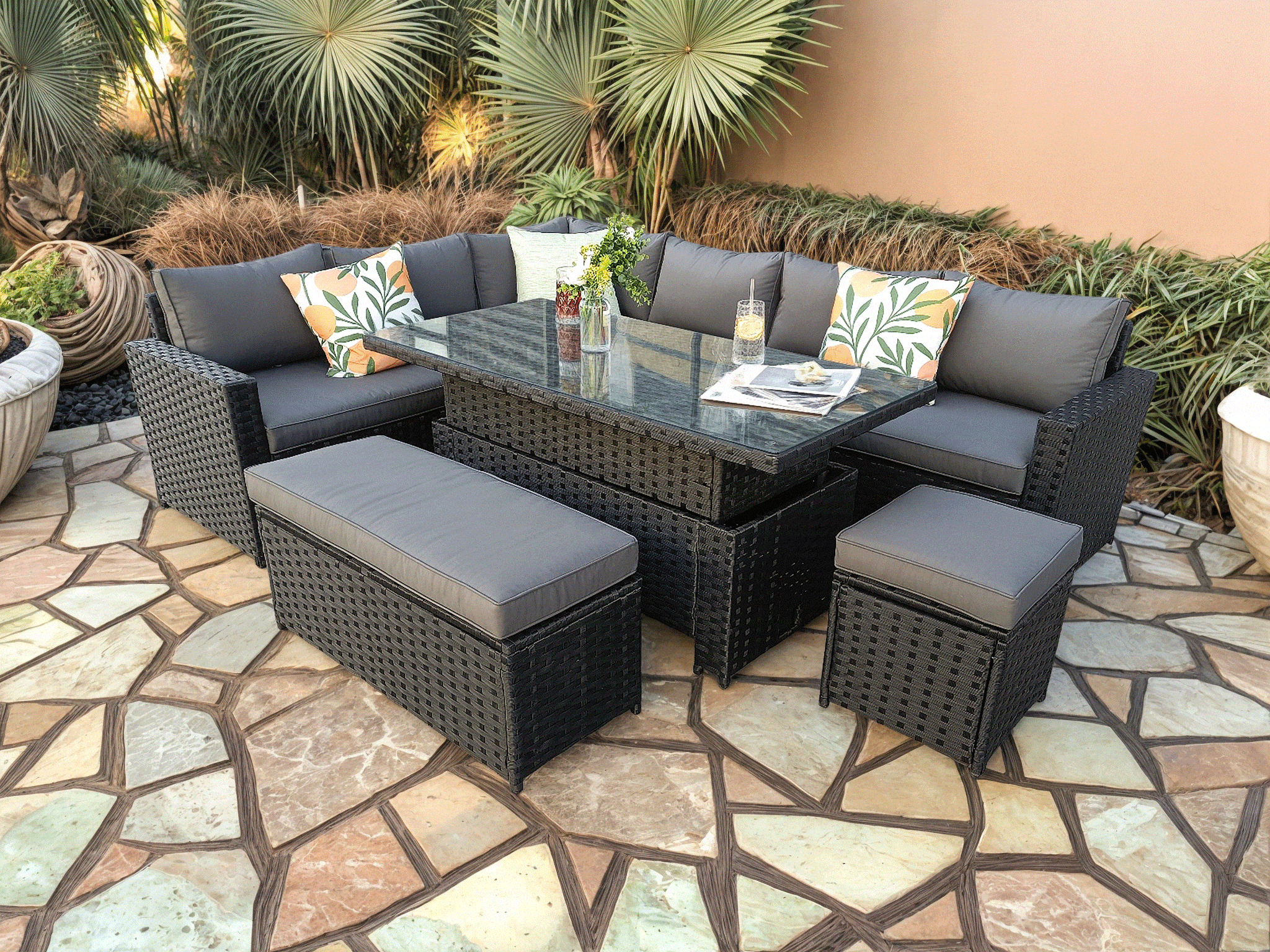 Monaco 9 Seater Rattan Garden Corner Sofa Dining Set with Rising Table