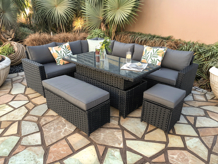 Monaco 9 Seater Rattan Garden Corner Sofa Dining Set with Rising Table