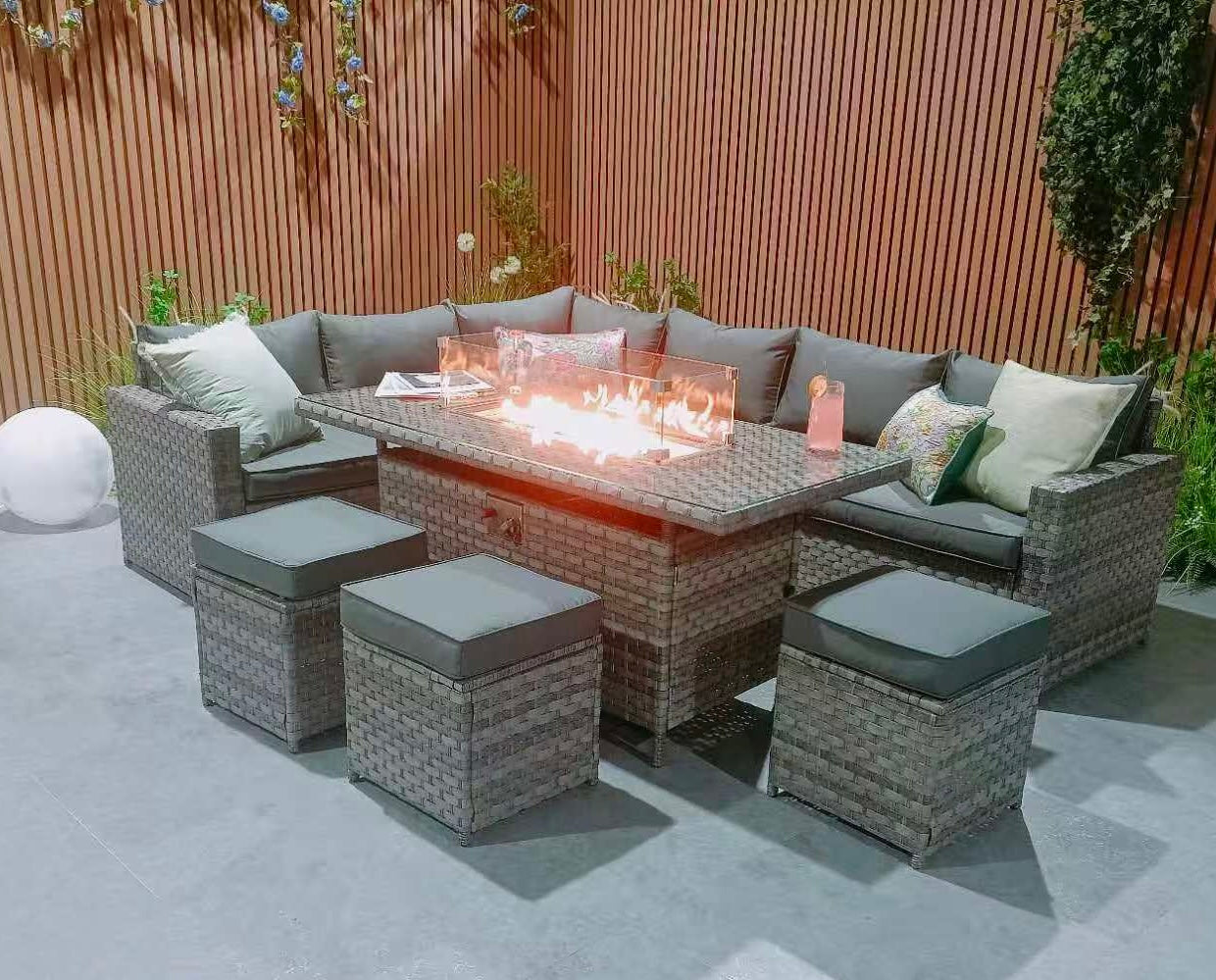 Barcelona Rattan Garden Furniture 9 Seater Corner Sofa Set With Fire Pit Dining Table In Grey