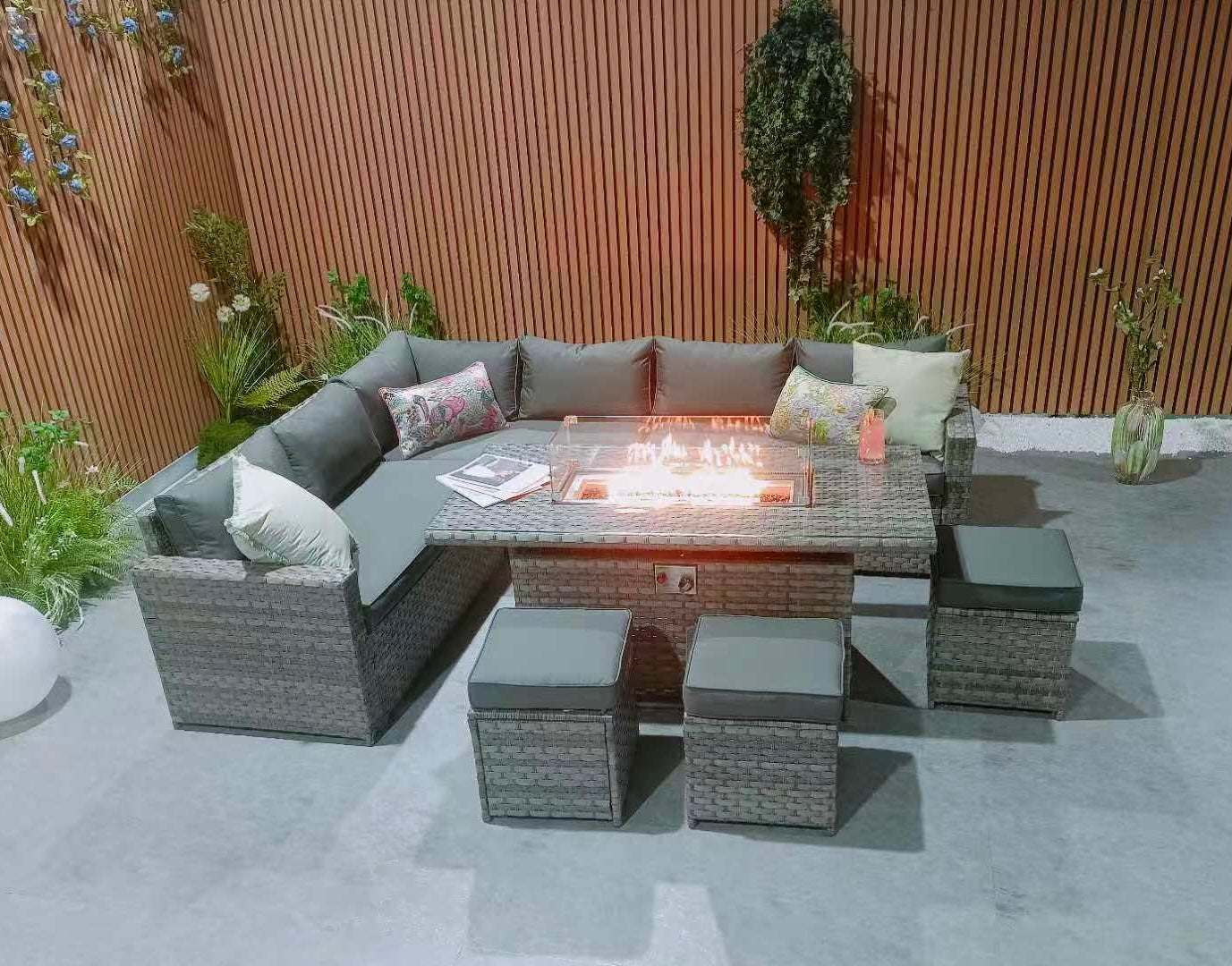 Barcelona Rattan Garden Furniture 9 Seater Corner Sofa Set With Fire Pit Dining Table In Grey