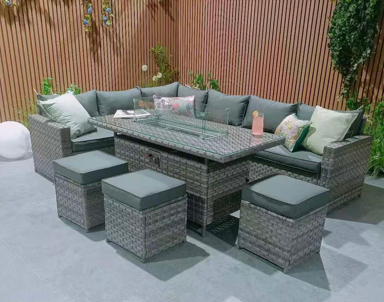 Barcelona Rattan Garden Furniture 9 Seater Corner Sofa Set With Fire Pit Dining Table In Grey