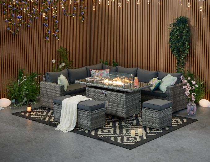 Barcelona Rattan Garden Furniture 9 Seater Corner Sofa Set with Fire pit Dining Table in Black Or Grey