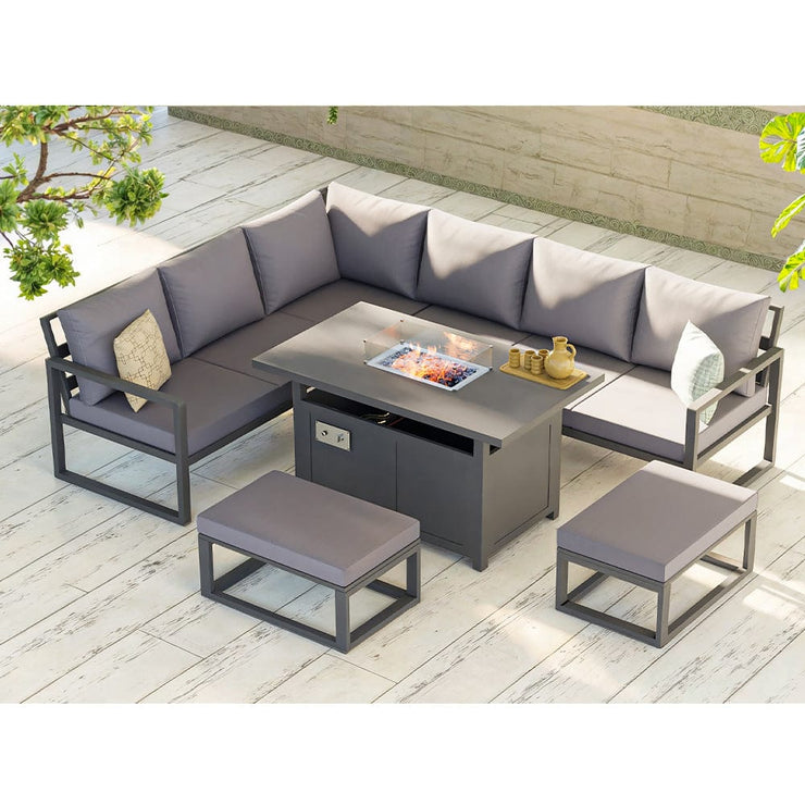 Berlin 8-Seater Outdoor Aluminum Corner Dining Set With Fire Pit Table