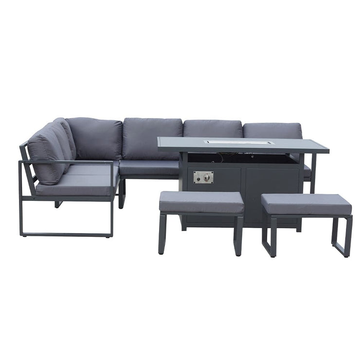 Berlin 8-Seater Outdoor Aluminum Corner Dining Set With Fire Pit Table