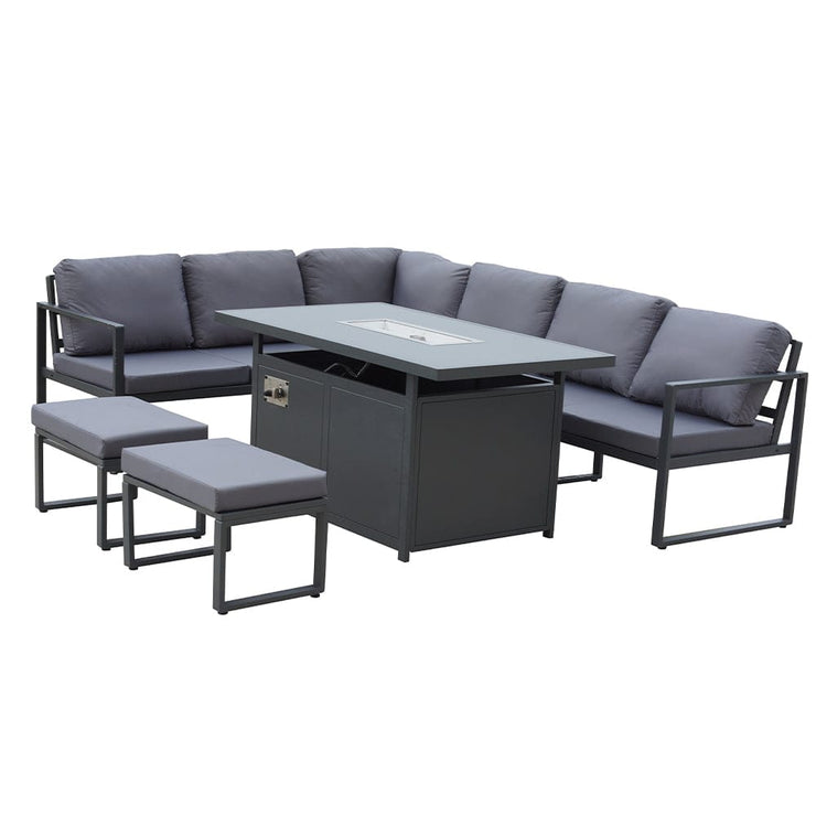 Berlin 8-Seater Outdoor Aluminum Corner Dining Set With Fire Pit Table