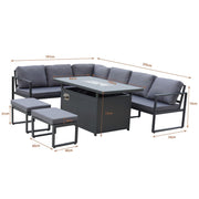 Berlin 8-Seater Outdoor Aluminum Corner Dining Set With Fire Pit Table