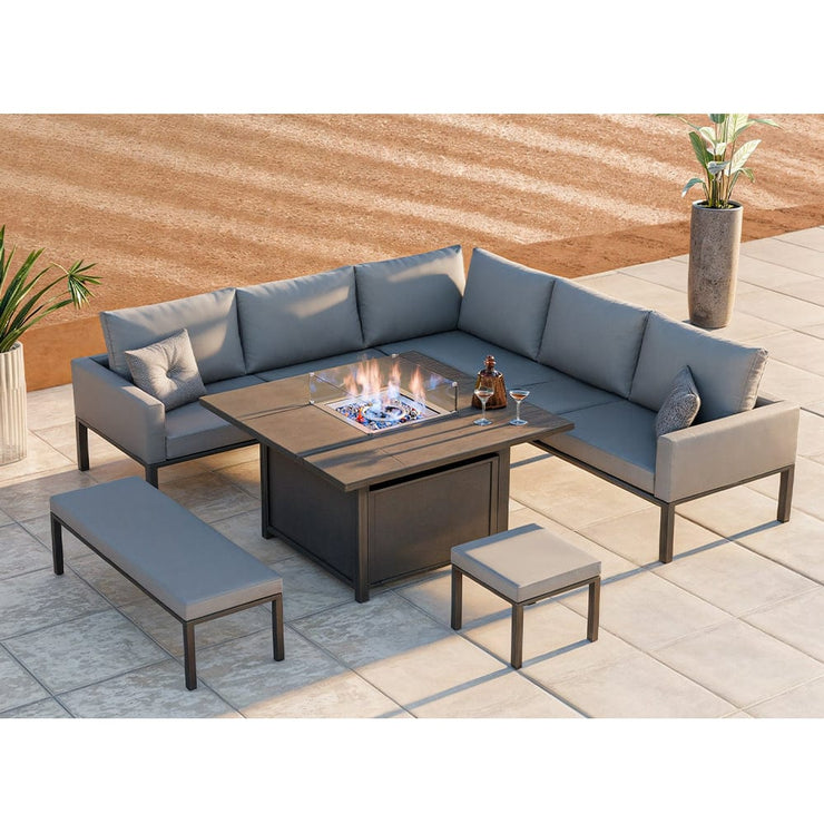 Berlin Aluminum 8 -9 Seater Garden Corner Sofa Cubed Dining Set With Fire Pit Table