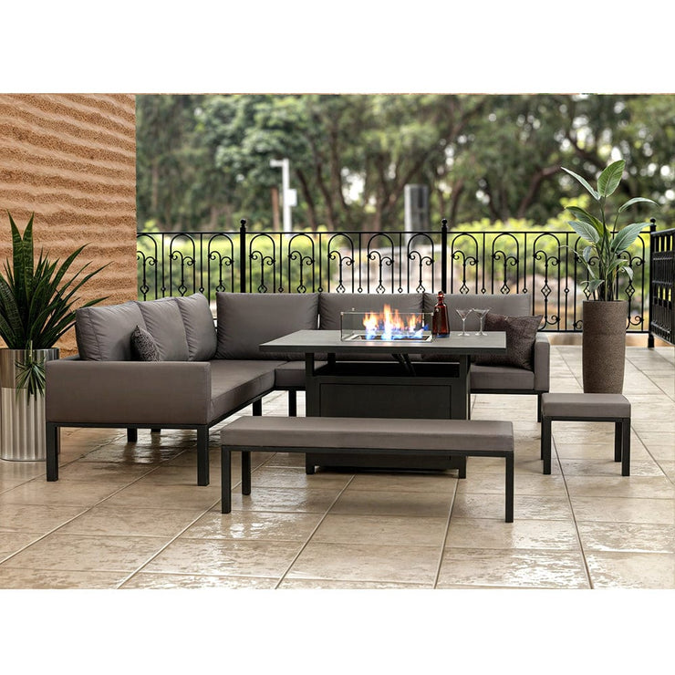 Berlin Aluminum 8 -9 Seater Garden Corner Sofa Cubed Dining Set With Fire Pit Table