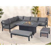 Berlin Large 9 seater Outdoor Fabric and Aluminium Corner Casual Dining Set with Firepit Table