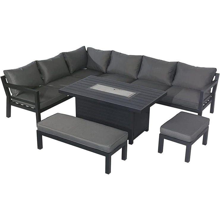 Berlin Large 9 seater Outdoor Fabric and Aluminium Corner Casual Dining Set with Firepit Table