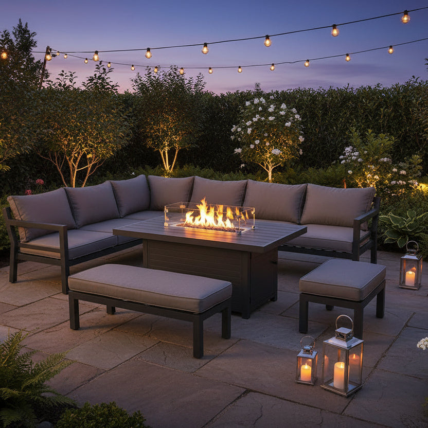 Berlin Large 9 seater Outdoor Fabric and Aluminium Corner Garden Dining Set with Fire Pit Table